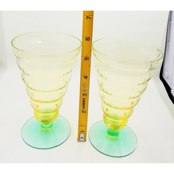 Utility Glass Works Cambodia Ware Vaseline Green Foot Ice Tea Water Goblet Set 4 - Picture 9 of 16